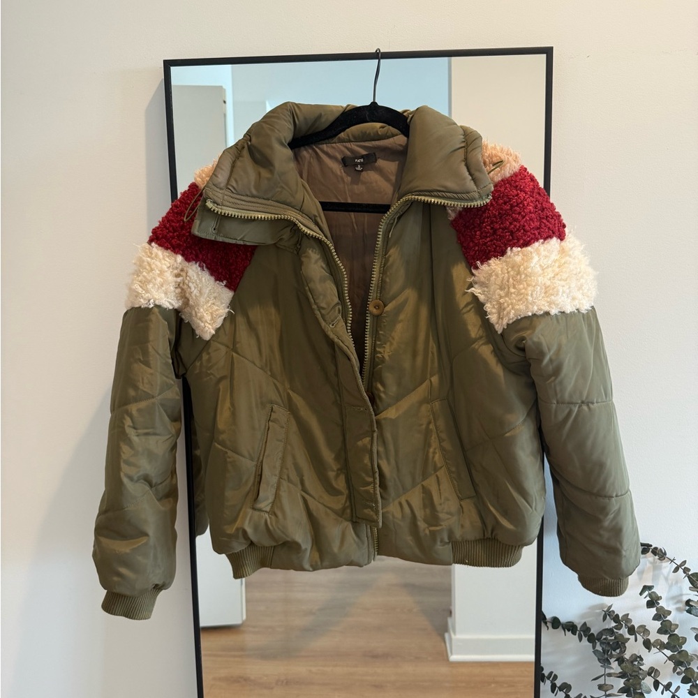 Fate Olive Puffer Jacket with Red and Cream Details